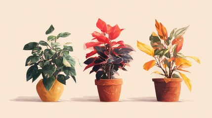 Fototapeta premium Trio of Vibrant Potted Plants - Green, Red, and Multi-Colored Foliage on Cream Background.