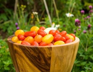 Naklejka premium Colorful cherry tomatoes in a wooden bowl outdoors