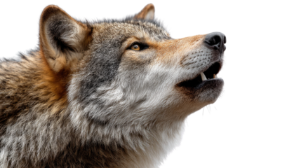 The Lone Wolf: A striking close-up of a solitary wolf, its powerful jaws and piercing gaze directed upwards, conveying a sense of wild freedom.