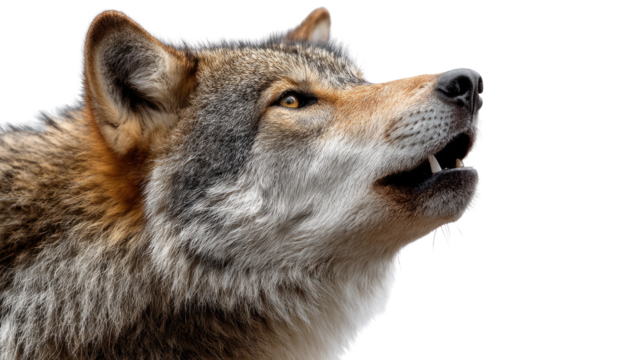 The Lone Wolf: A striking close-up of a solitary wolf, its powerful jaws and piercing gaze directed upwards, conveying a sense of wild freedom.