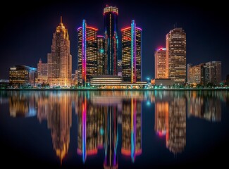 Night cityscape reflecting in still water