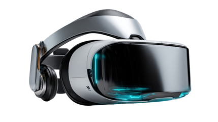 Futuristic Virtual Reality Headset: A high-tech, sleek virtual reality headset, poised to transport users into immersive digital realms, epitomizes cutting-edge technology and futuristic design. 