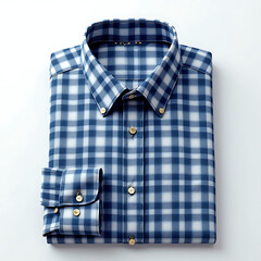 Neatly folded plaid button down shirt with blue and white checkered pattern, displayed on a white background for fashion or retail use.