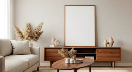 Modern living room interior design mockup neutral colors beige sofa wooden furniture pampas grass