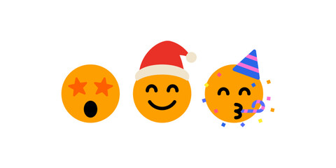 Naklejka premium smiley face emoji emoticon ; partying emoticon with party hat and horn, smiley face emoji with red hat , happy birthday celebrating emoticons - star eyes emoji, Wow emotion, Excited emoticon