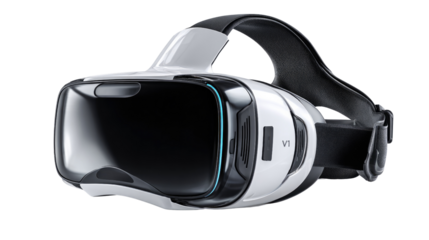 Virtual Reality Headset: A sleek, modern virtual reality headset, its design suggesting a fusion of technology, immersion, and exploration in a captivating futuristic aesthetic.
