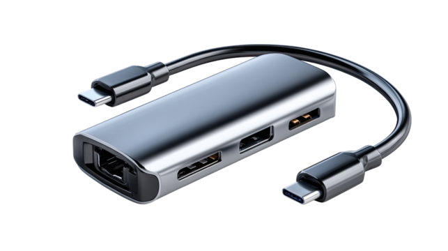 Modern Hub with USB-C Ports: A sleek, silver hub showcasing advanced connectivity with multiple USB-C ports, an essential accessory for today's technology.