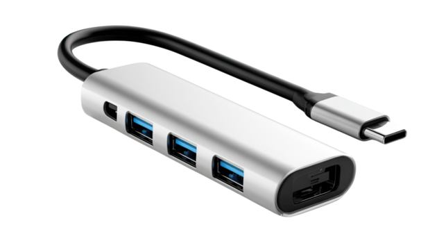 Technology Hub: A sleek, modern USB-C hub, featuring a silver casing and multiple ports, showcasing the essence of connectivity and streamlined tech design.