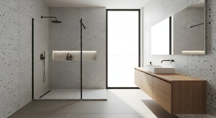 Modern bathroom interior with walk in shower vanity and large window contemporary