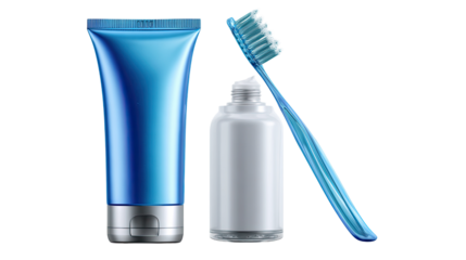 Dental Care Essentials: A close-up shot of essential dental hygiene tools, displaying a pristine blue toothbrush poised alongside a tube of toothpaste.