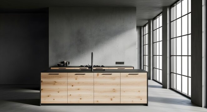 Modern minimalist kitchen with concrete walls light wood cabinetry and large industrial windows