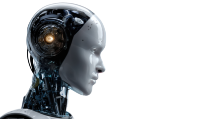 AI's Gaze: A futuristic depiction of a robot head and neck, sleek and intelligent, bathed in cool lighting, evokes themes of intelligence and technological advancement.