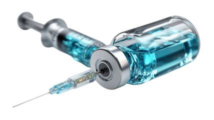 Medical Vaccine and Syringe: Capturing the essence of medical advancement, this photo showcases a close-up view of a syringe injecting a vial of clear vaccine liquid.