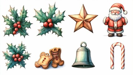 Christmas Hand Drawn Elements Set with Holly Star Santa Gingerbread Bell and Candy Cane for Holiday Decoration Design