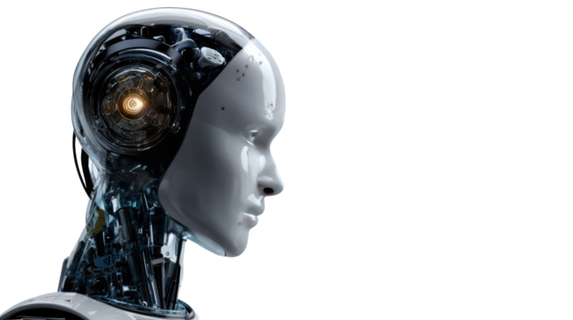 AI's Gaze: A futuristic depiction of a robot head and neck, sleek and intelligent, bathed in cool lighting, evokes themes of intelligence and technological advancement.