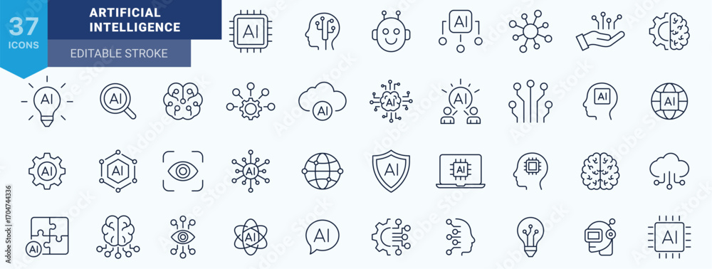 Wall mural artificial intelligence icon set, line style. machine learning, ai, brain, robot, bot, innovation an