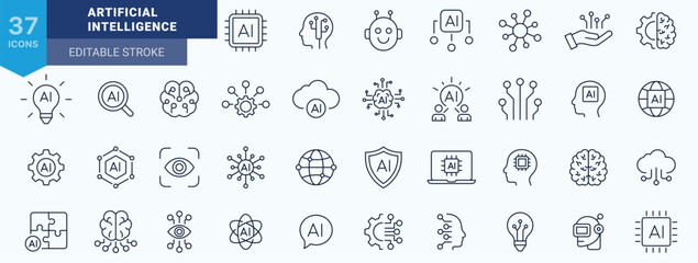 Obraz na płótnie Canvas Artificial intelligence icon set, line style. Machine Learning, AI, Brain, Robot, Bot, Innovation and AI technology icons minimal thin line web icon set. Outline icons collection. Vector illustration