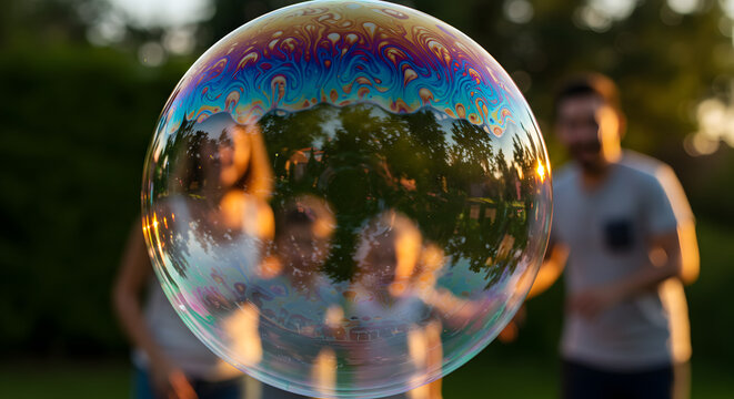 Iridescent soap bubble with rainbow colors reflecting a blurred happy family in a sunny park. Joyful outdoor play at golden hour.