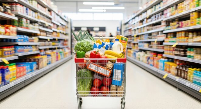 Grocery shopping cart full of fresh produce and groceries down aisle