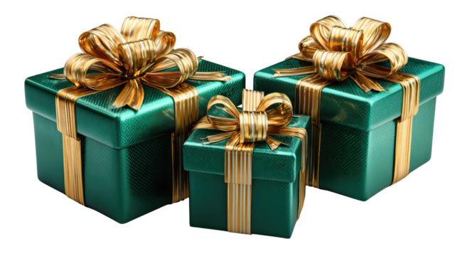 Gift-Giving Elegance: A captivating arrangement of three elegantly wrapped gifts, each adorned with a luxurious golden bow, symbolizing the joy of giving and receiving.