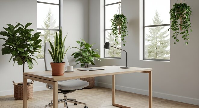 Modern home office with wooden desk plants and natural light from large windows - Powered by Adobe