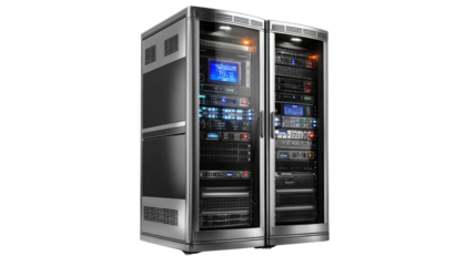 Server Racks: A modern data center is presented, featuring gleaming server racks packed with advanced technology.