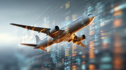 Airplane flying over a futuristic city at night with glowing lights