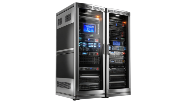 Server Racks: A modern data center is presented, featuring gleaming server racks packed with advanced technology.