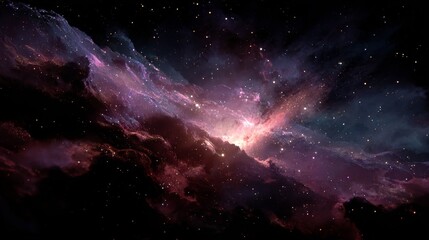 Fototapeta premium Dark background with soft magenta light illuminating scattered spots like a galaxy, hyper-realistic 8k render, clean composition, glowing subtle cosmic atmosphere, space concept