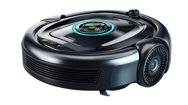 Smart Cleaning Device: A sleek, modern, black smart vacuum cleaner. with its futuristic design, epitomizes cutting-edge domestic technology.