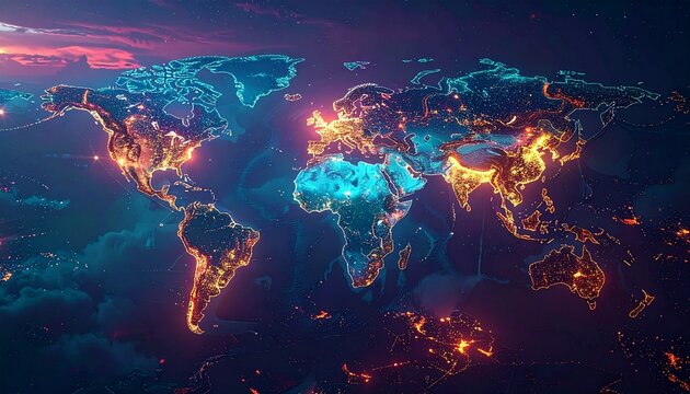 Global Digital Currency Network Visualization,Global digital currency network concept, holographic world map with cryptocurrency connections, cyberpunk style visualization