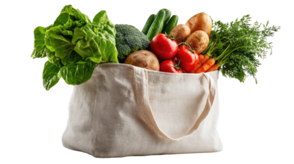 A Bounty of Freshness: A vibrant display of fresh, organic vegetables spilling from a reusable tote bag, emphasizing sustainable choices and wholesome eating.