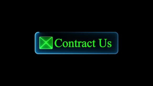 Contact us button with envelope mail icon and glowing text on dark background, neon email button design for website, app, customer service, online support