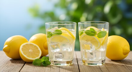 Fresh lemonade with ice cubes lemon slices and mint outdoors