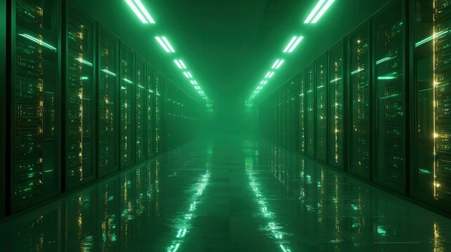 Futuristic glowing green server room with rows of data storage racks