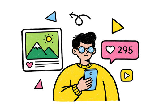 Young man getting likes on a social media post, vector illustration