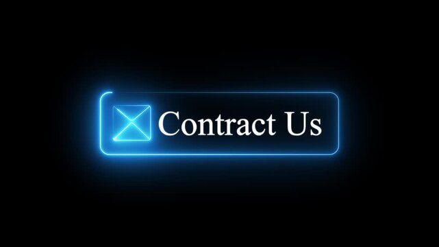 Contact us button with envelope mail icon and glowing text on dark background, neon email button design for website, app, customer service, online support