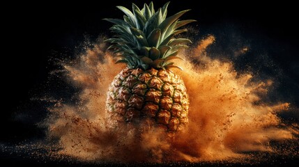 Pineapple exploding in a brown dust cloud