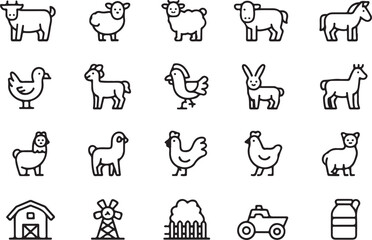 Collection of simple line art farm animal and building icons