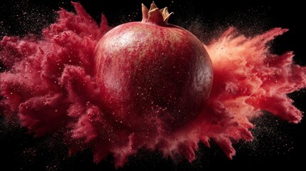 Pomegranate exploding in vibrant color powder