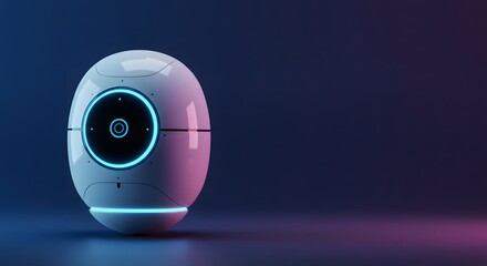 Egg shaped white robot with glowing blue rings standing on surface futuristic AI design in vibrant tech space