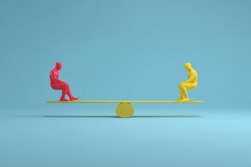 Two figures, red and yellow, balanced on a seesaw