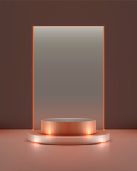 luxury modern 3d podium with rose gold stage and orange light backdrop for product display presentation mockup showroom showcase elegant minimal design background