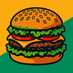 Double Cheeseburger with Lettuce and Tomato – Cartoon Vector Illustration