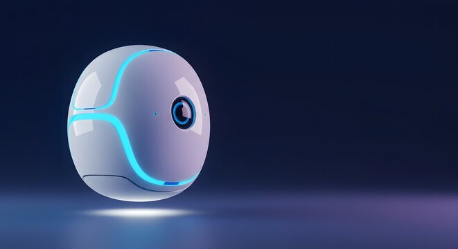 Spherical white robot with glowing blue lines floating above surface futuristic AI surveillance technology