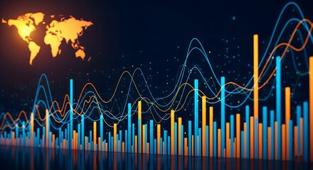worldwide economic analysis, international business, and the interconnectedness of global markets. It is an ideal representation for topics related to finance, data analytics, and economic strategy.