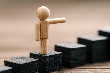 Wooden figure stands on steps, pointing