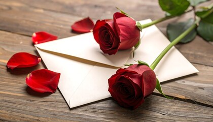 Two red roses and scattered petals rest atop a cream envelope on a rustic, wooden surface