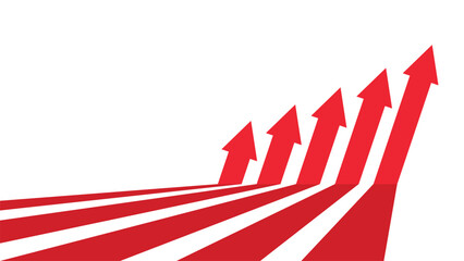 5 red business arrows in a row slanted pointing up