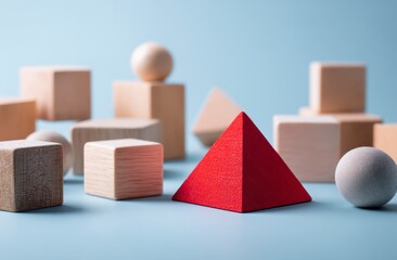 Wooden shapes, red pyramid, light blue background